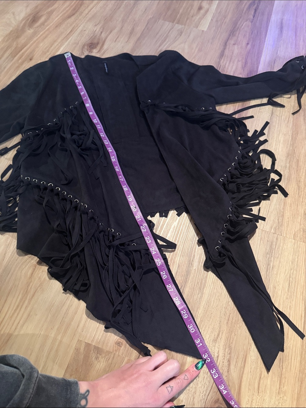 Black Faux Suede Grommet Fringe Open-Front Jacket - Picture 10 of 11
